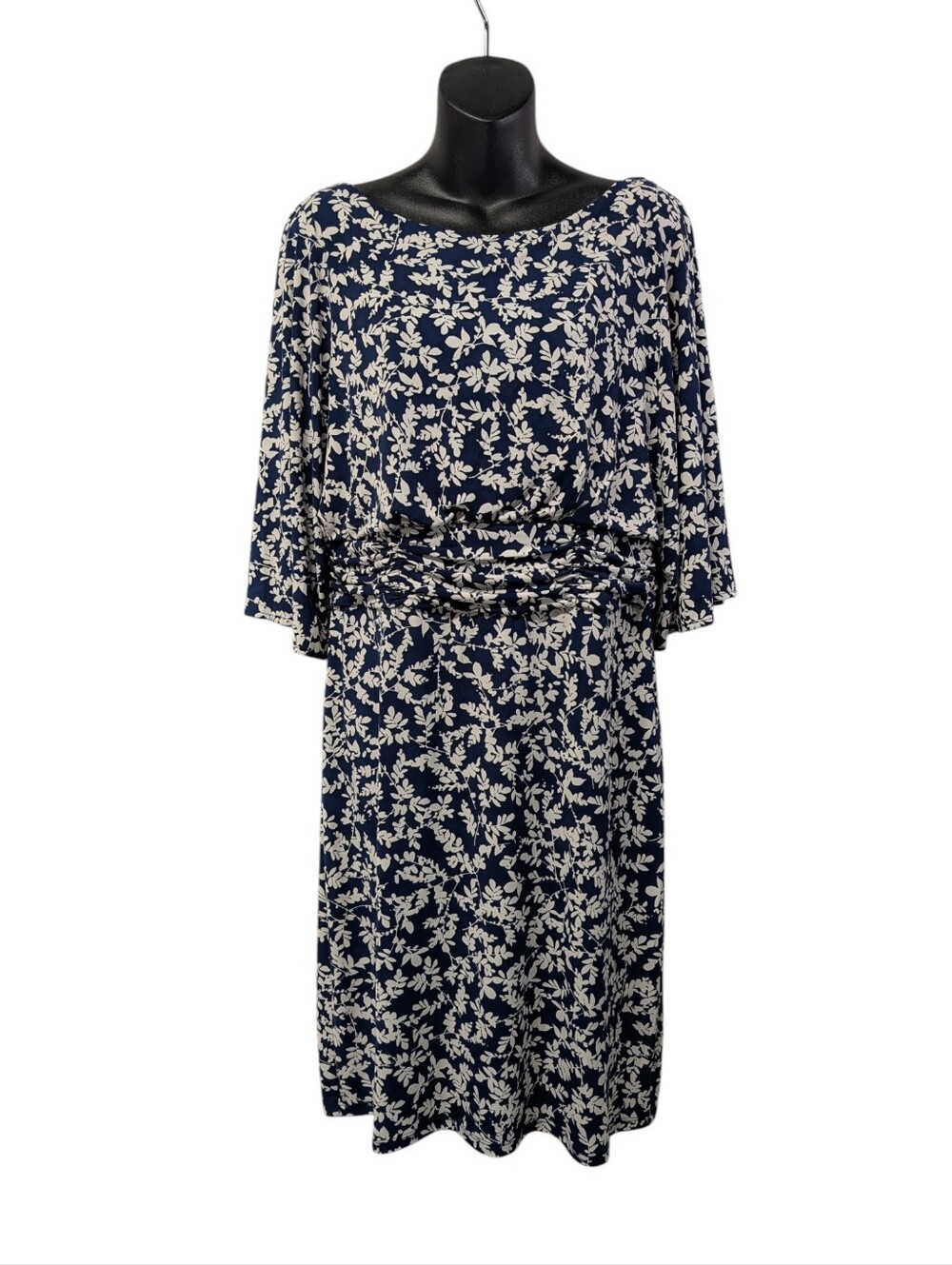 JMH Size 14 Navy White Leaf Print Midi Dress Flutter Sleeve Stretch Half Sleeve